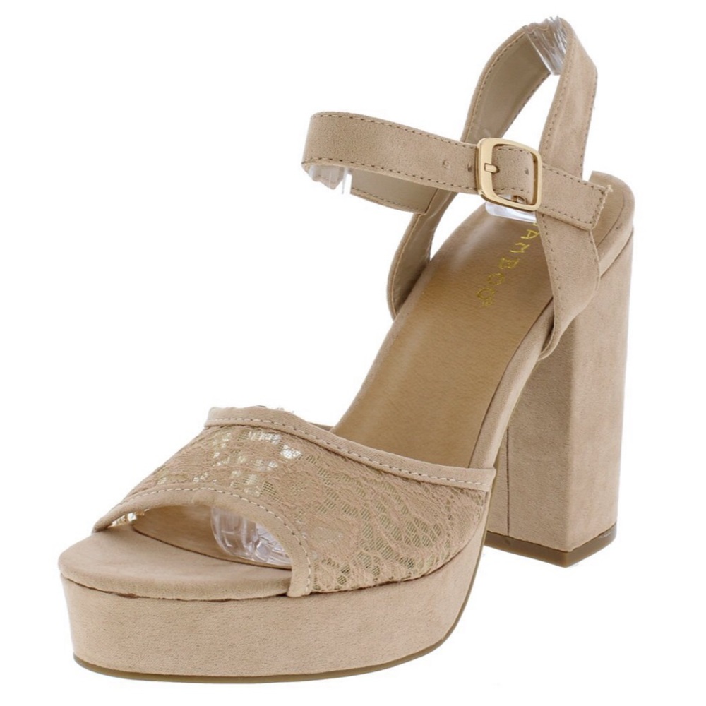 Nude Lace Peep Toe Slingback Chunky Heels